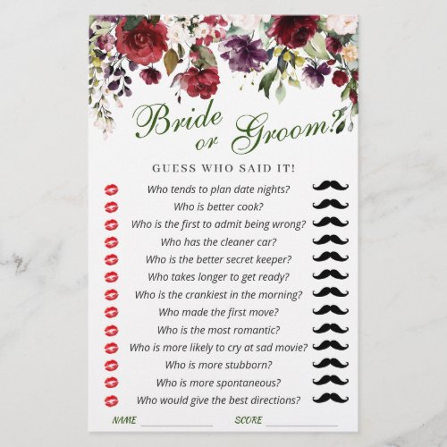 Blush Burgundy Watercolor Bloom Bridal Shower Game