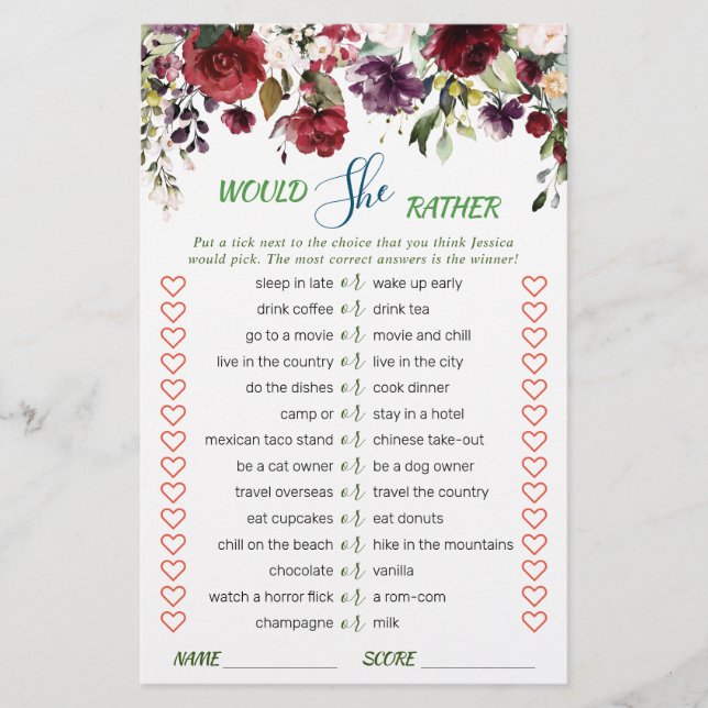 Blush Burgundy Watercolor Bloom Bridal Shower Game (Front)
