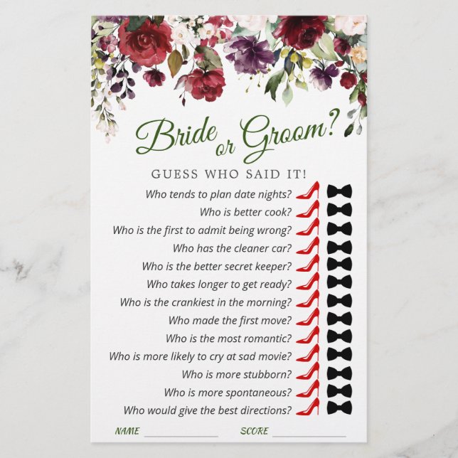 Blush Burgundy Watercolor Bloom Bridal Shower Game (Front)