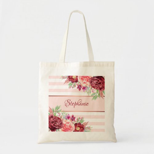 Blush Burgundy Watercolor Floral Monogram Stripes Tote Bag