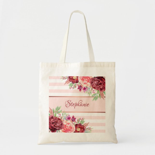 Blush Burgundy Watercolor Floral Monogram Stripes Tote Bag (Front)