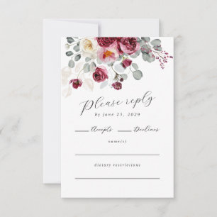 Blush & Burgundy Watercolor Floral QR Code RSVP Card