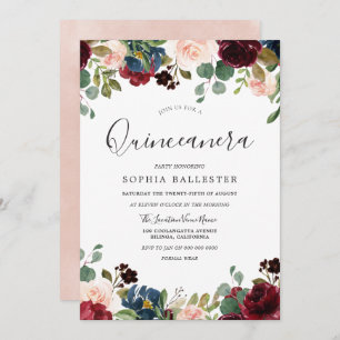 Blush & Burgundy Watercolor Floral Quinceanera Invitation
