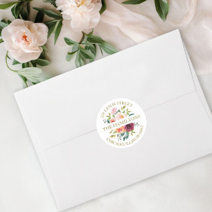 Blush Burgundy Watercolor Floral Return Address Classic Round Sticker