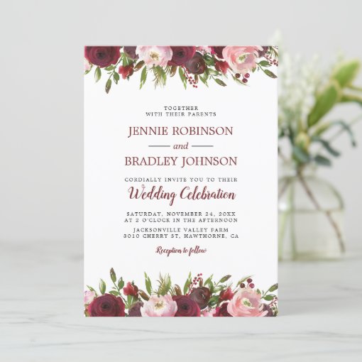 Blush Burgundy Watercolor Floral Wedding Invitation | Zazzle