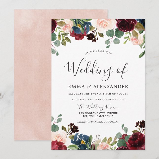 Blush & Burgundy Watercolor Floral Wedding Invite (Front/Back)