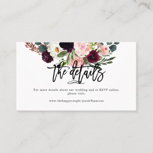 BlushBurgundy Watercolor Flowers Wedding Details Business Card