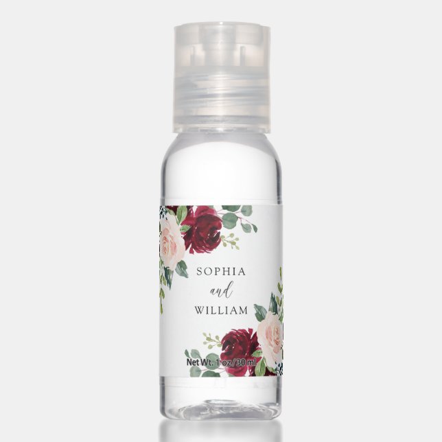 Blush & Burgundy Watercolor Flowers Wedding Hand Sanitizer (Front)