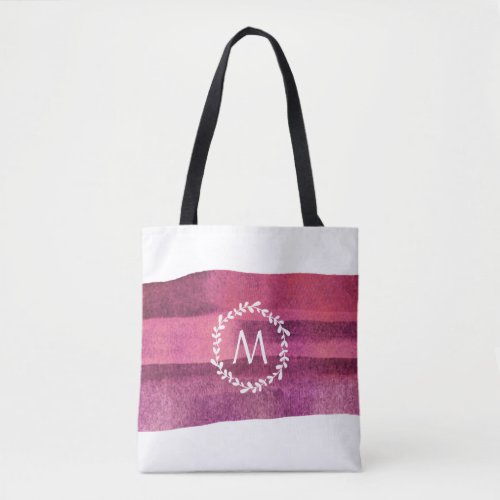 Blush  Burgundy Watercolor Leaf Wreath Monogram Tote Bag