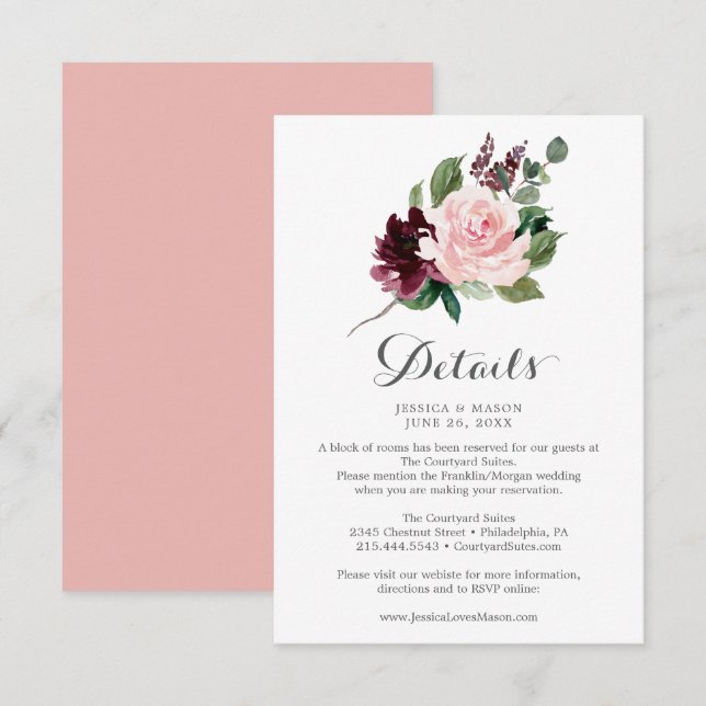 Blush Burgundy Wedding Details Card (Front/Back)