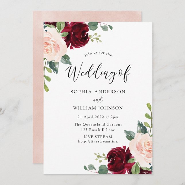 Blush & Burgundy Wedding Live Stream Option Invitation (Front/Back)