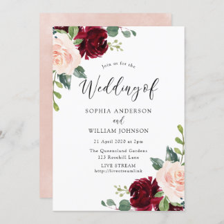 Blush & Burgundy Wedding Live Stream Option Invitation