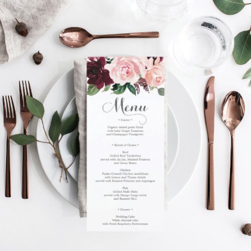 Blush Burgundy Wedding Menu or Bridal Shower Menu 