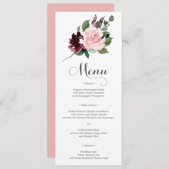 Blush Burgundy Wedding Menu or Bridal Shower Menu Invitation (Front/Back)
