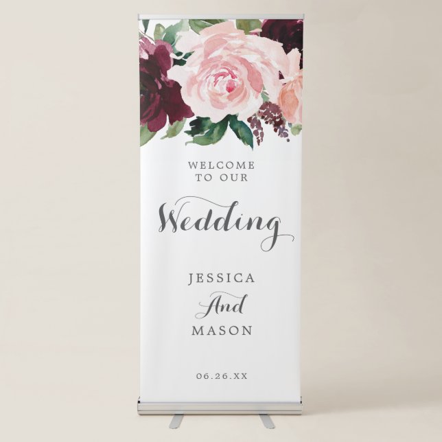 Blush Burgundy Wedding Welcome Banner with Stand (Front)