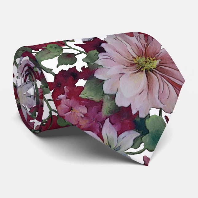 Blush Burgundy White Floral Wedding Neck Tie (Rolled)