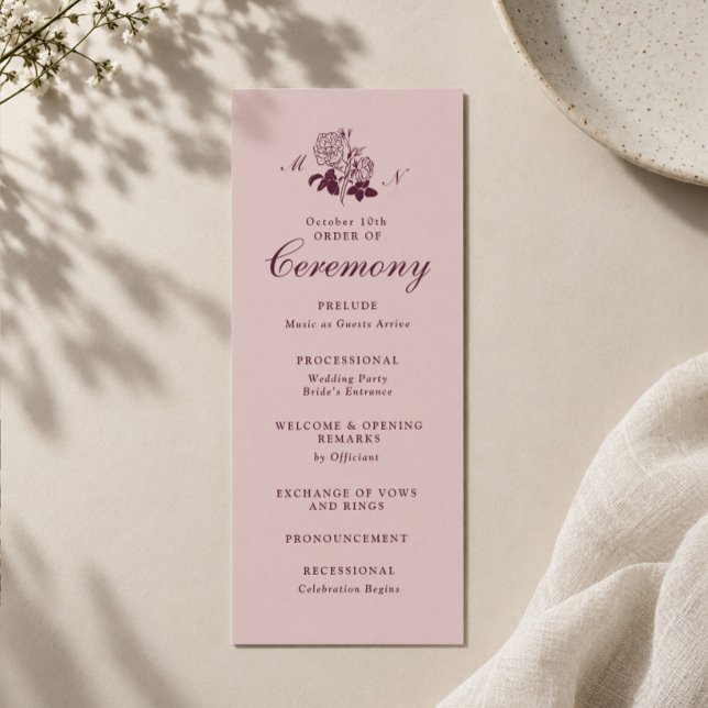 Blush Burgundy Wine Monogram Wedding Program (Creator Uploaded)