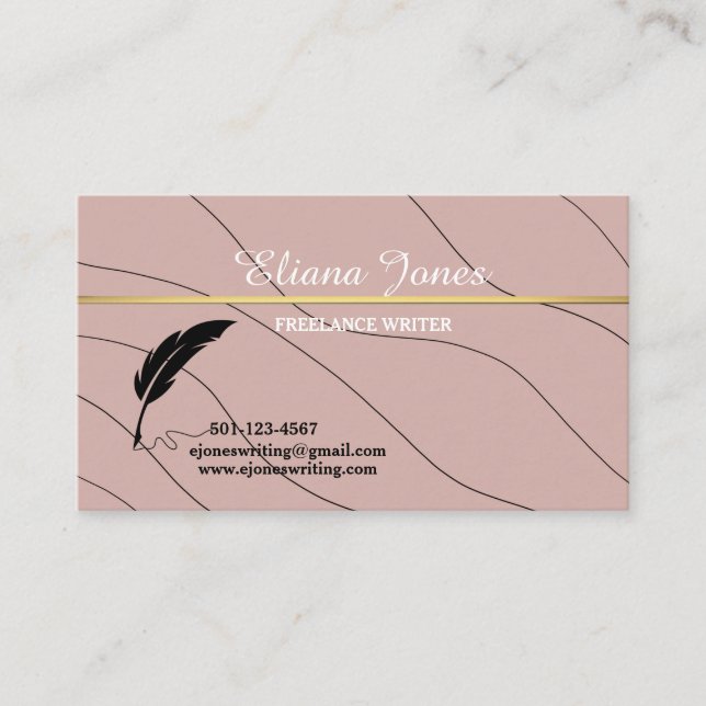 blush business card freelance writer, swirls (Front)