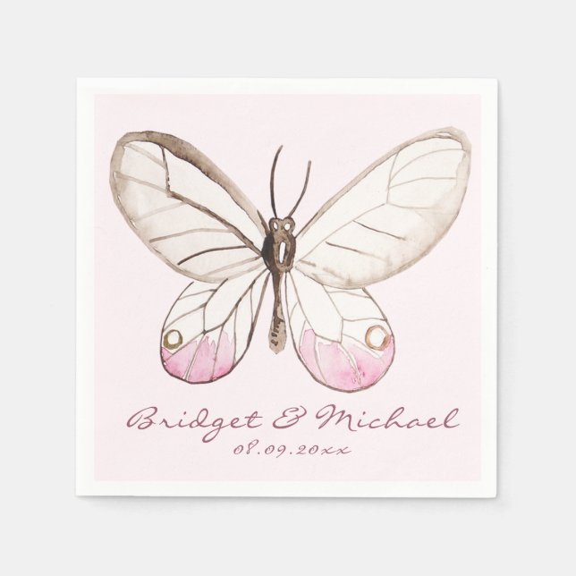 Blush Butterfly Personalized Wedding Paper Napkins (Front)
