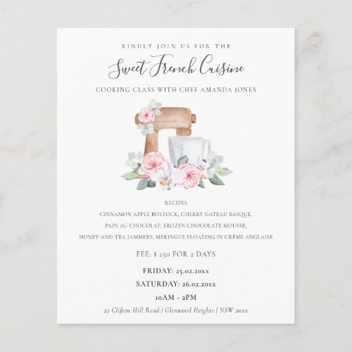 Blush Cake Mixer Floral Bakery Cooking Class Flyer