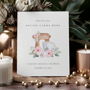 Blush Cake Mixer Floral Recipe Card Bridal Shower Pedestal Sign