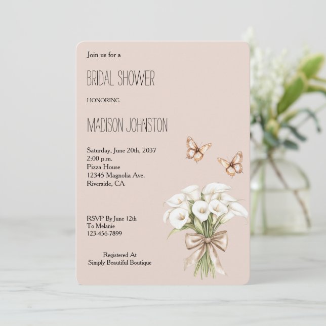 Blush Calla Lilly Floral Butterflies Bridal Shower Invitation (Standing Front)