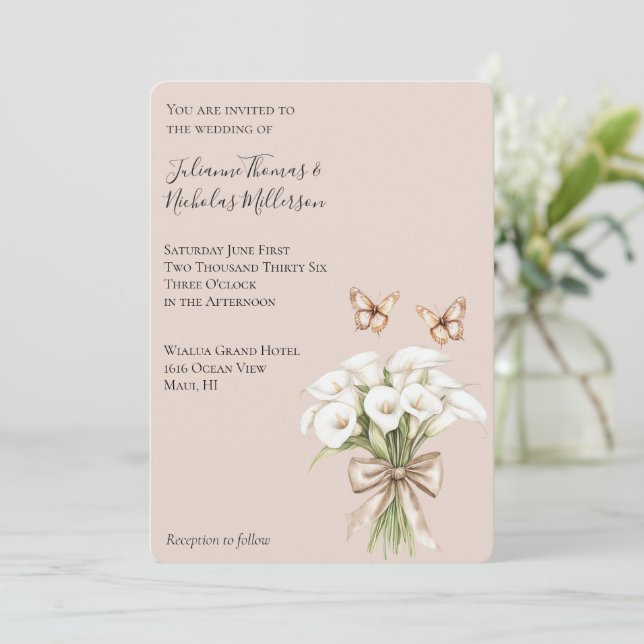 Blush Calla Lily Floral Butterflies Bow Wedding Invitation (Standing Front)