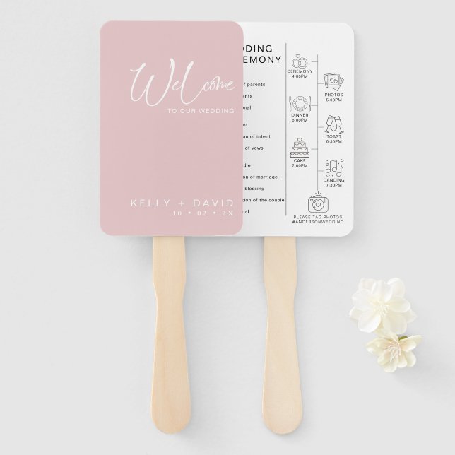 Blush Calligraphy Pictograms Wedding Program  Hand Fan (Front and Back)