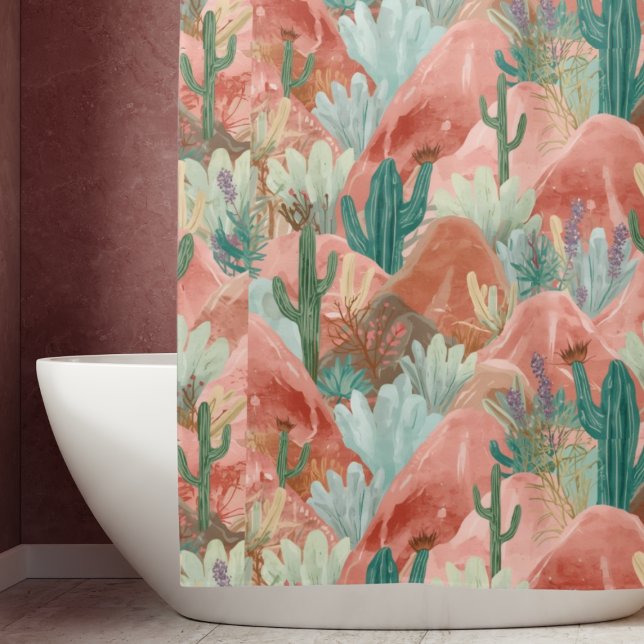 Blush Canyon Desert Bloom Watercolor  Shower Curtain (Blush canyon shower curtain with watercolor cacti, terracotta mountains, and soft desert blooms.)