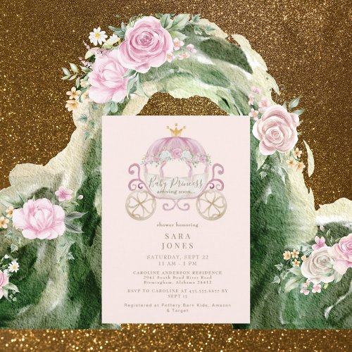 Blush Carriage Baby Princess Arriving Baby Shower Invitation