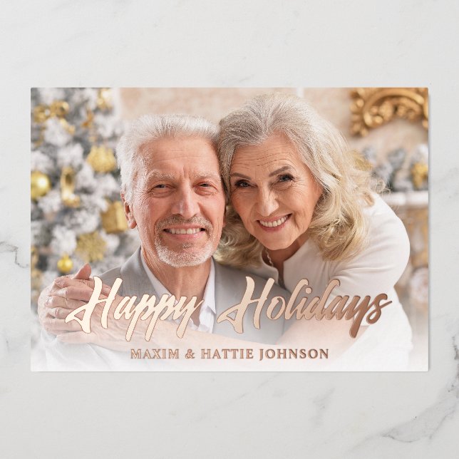 Blush Casual Modern Script Happy Holidays Photo Foil Holiday Card (Front)