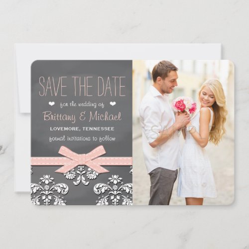 Blush Chalkboard Lace and Bow Save the Date Card