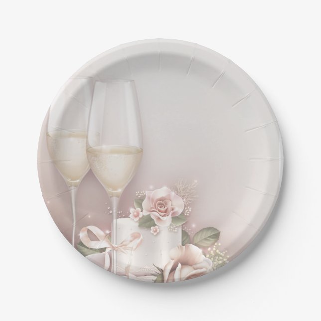 Blush Champagne and Cake Paper Plates (Front)
