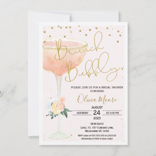 Blush Champagne Brunch Bubbly Bridal Shower Invitation