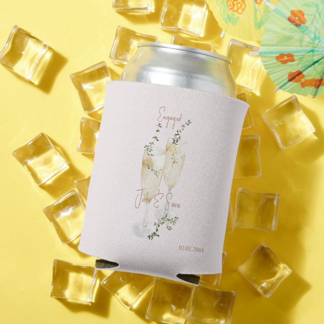 Blush Champagne Glasses Engagement Party Gold Text Can Cooler (In Situ Summer)