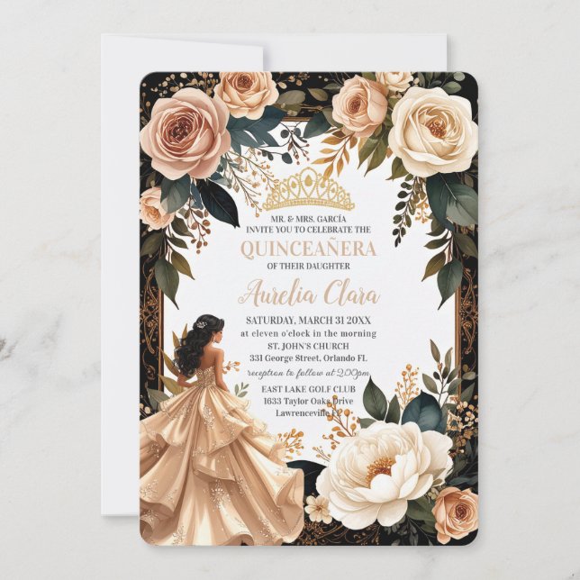 Blush Champagne Ivory Floral Princess Quinceanera  Invitation (Front)