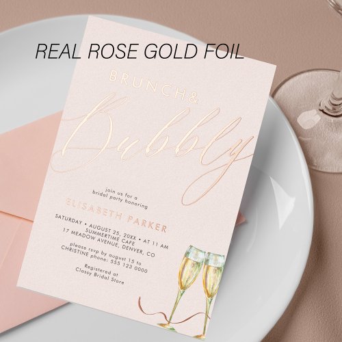 Blush champagne modern bridal shower rose gold foil invitation