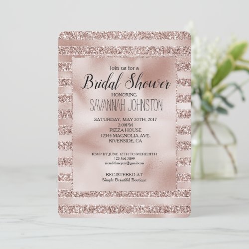 Blush Champagne Pink Glitter Glam Stripes    Invitation