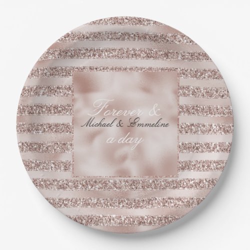 Blush Champagne Pink Glitter Glam Stripes     Paper Plates