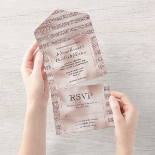 Blush Champagne Pink Glitter Glam Stripes Wedding All In One Invitation