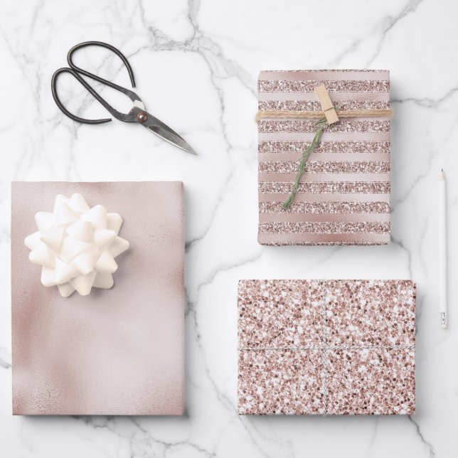 Blush Champagne Pink Glitter Glam Stripes       Wrapping Paper Sheets (Front)