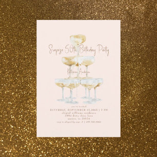 Blush Champagne Tower Surprise 50th Birthday Party Invitation