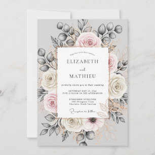 Blush Charcoal Ornate Floral Wedding Invitation