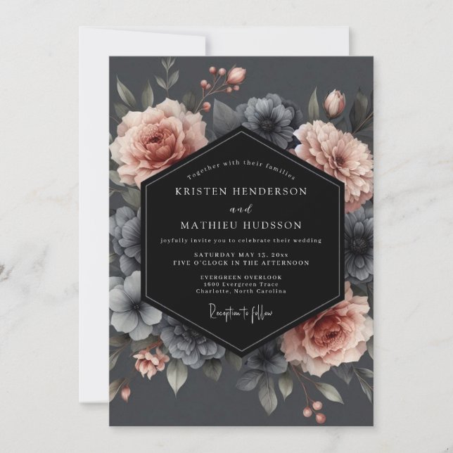 Blush Charcoal Somber Flora Wedding Invitation (Front)