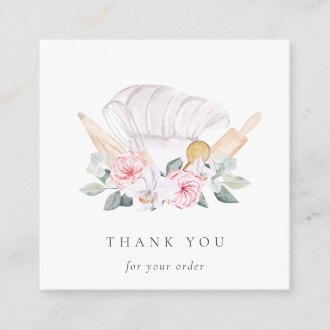 Blush Chef Hat Catering Floral Whisk Thank You Square Business Card (Front)