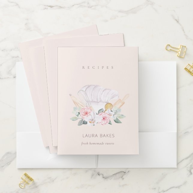 Blush Chef Hat Cookbook Floral Roller Whisk Recipe Pocket Folder (In Situ)