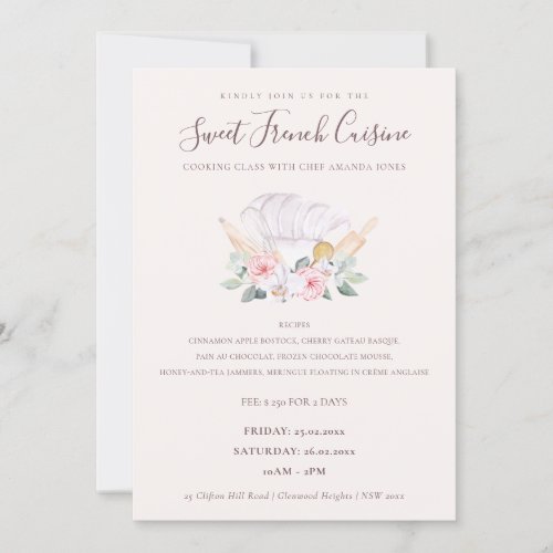 Blush Chef Hat Floral Bakery Cooking Class Invite