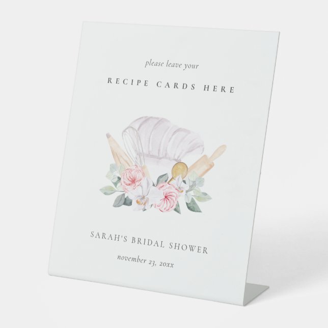 Blush Chef Hat Floral Recipe Card Bridal Shower Pedestal Sign (Front)