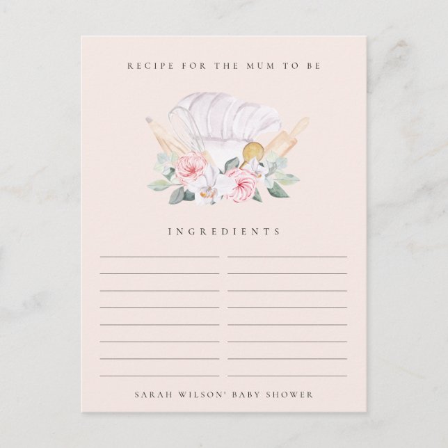 Blush Chef Hat Floral Recipe Request Baby Shower Postcard (Front)