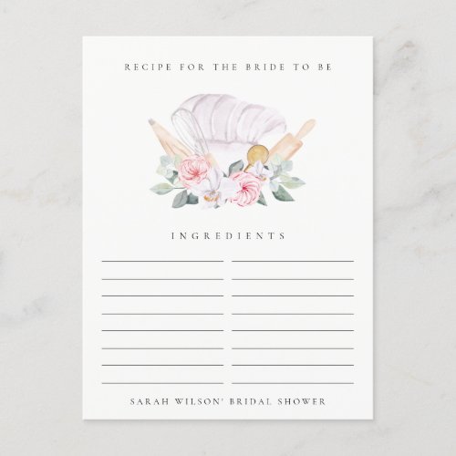 Blush Chef Hat Floral Recipe Request Bridal Shower Postcard